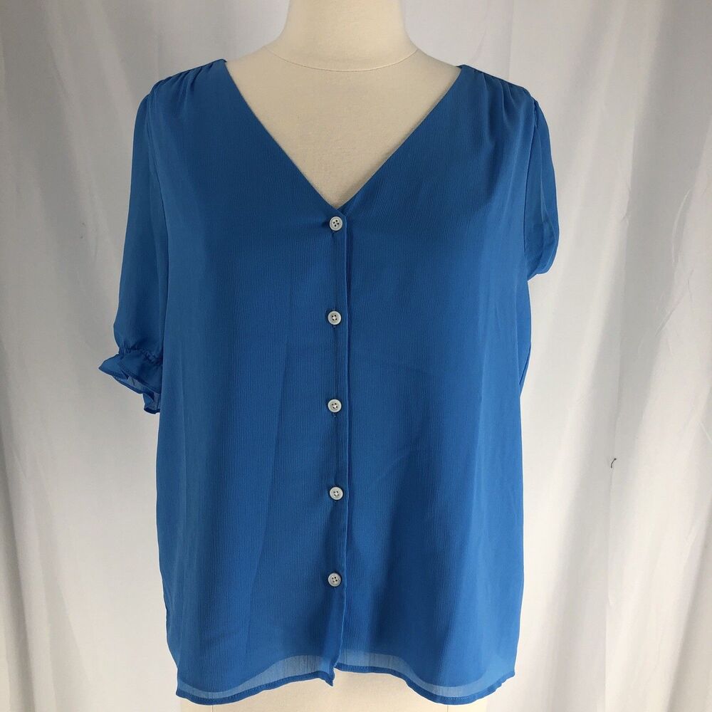 J. Crew Factory Blue V Neck Puff Sleeve Top Summer Shirt Size Small